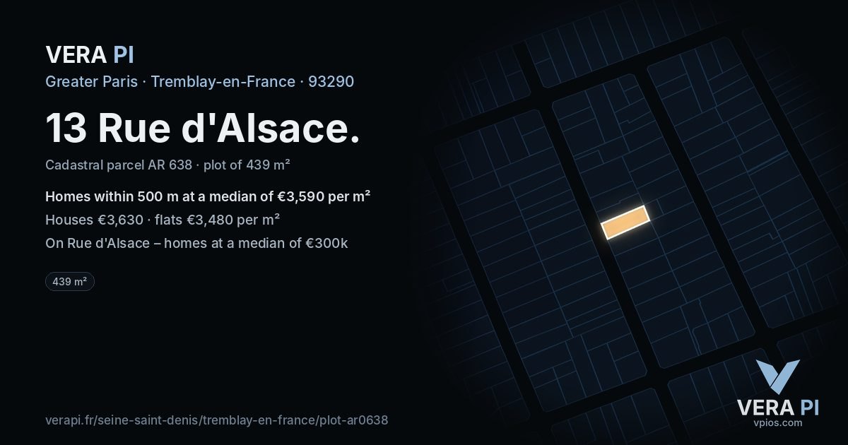 13 Rue d'Alsace, Tremblay-en-France at night – the plot lit, the parcels around coloured by the prices near them