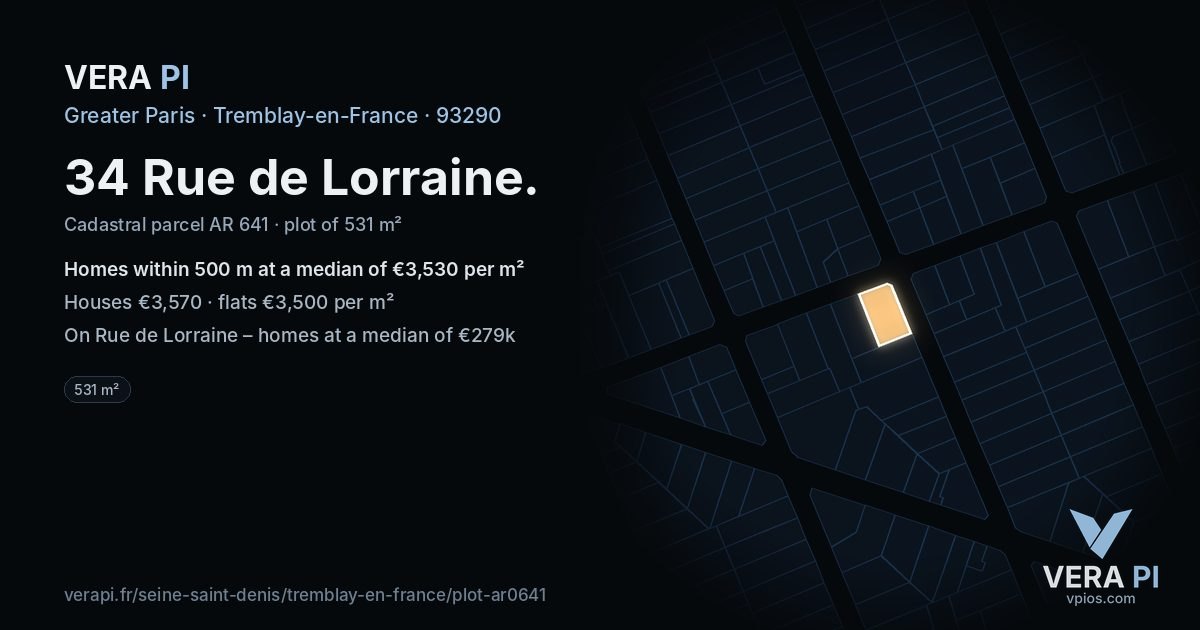 34 Rue de Lorraine, Tremblay-en-France at night – the plot lit, the parcels around coloured by the prices near them