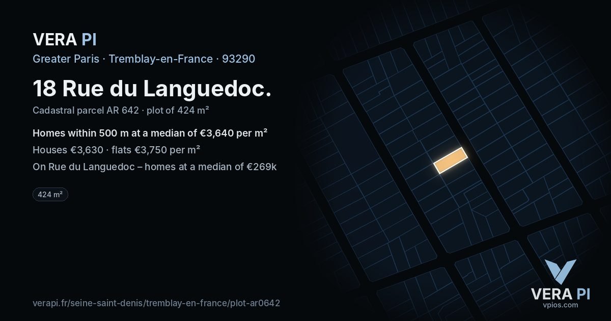 18 Rue du Languedoc, Tremblay-en-France at night – the plot lit, the parcels around coloured by the prices near them