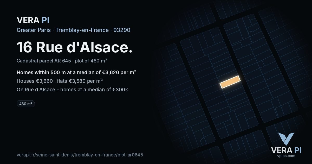 16 Rue d'Alsace, Tremblay-en-France at night – the plot lit, the parcels around coloured by the prices near them