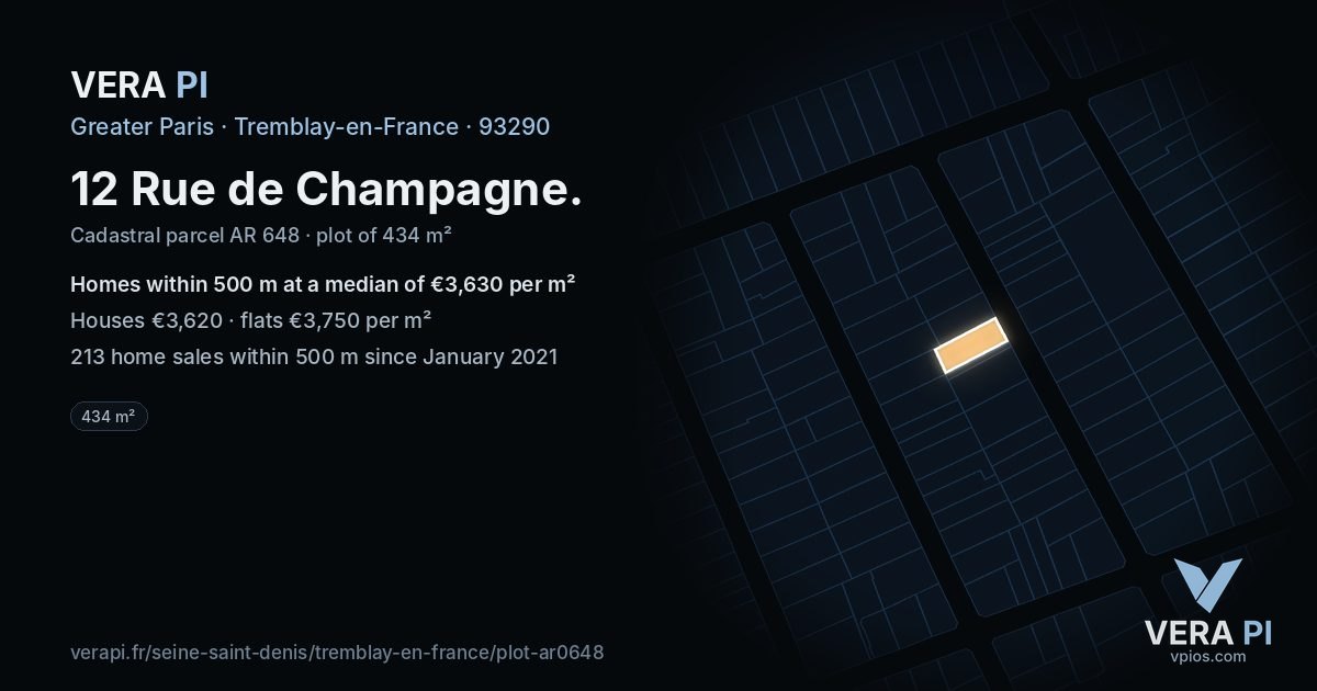 12 Rue de Champagne, Tremblay-en-France at night – the plot lit, the parcels around coloured by the prices near them