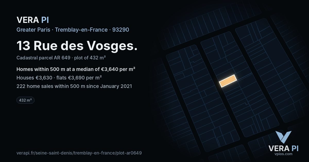 13 Rue des Vosges, Tremblay-en-France at night – the plot lit, the parcels around coloured by the prices near them