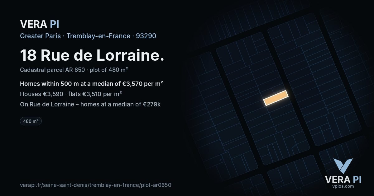 18 Rue de Lorraine, Tremblay-en-France at night – the plot lit, the parcels around coloured by the prices near them