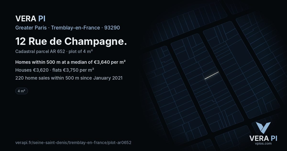 12 Rue de Champagne, Tremblay-en-France at night – the plot lit, the parcels around coloured by the prices near them