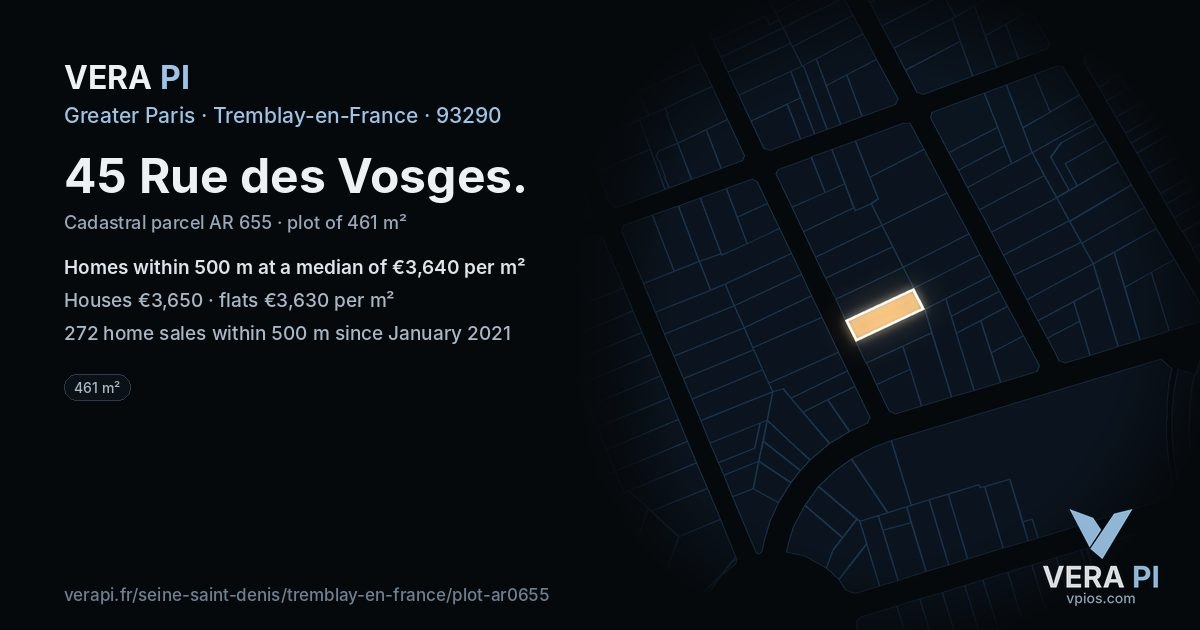 45 Rue des Vosges, Tremblay-en-France at night – the plot lit, the parcels around coloured by the prices near them