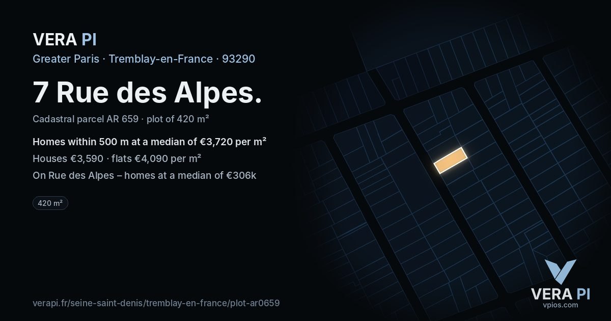 7 Rue des Alpes, Tremblay-en-France at night – the plot lit, the parcels around coloured by the prices near them