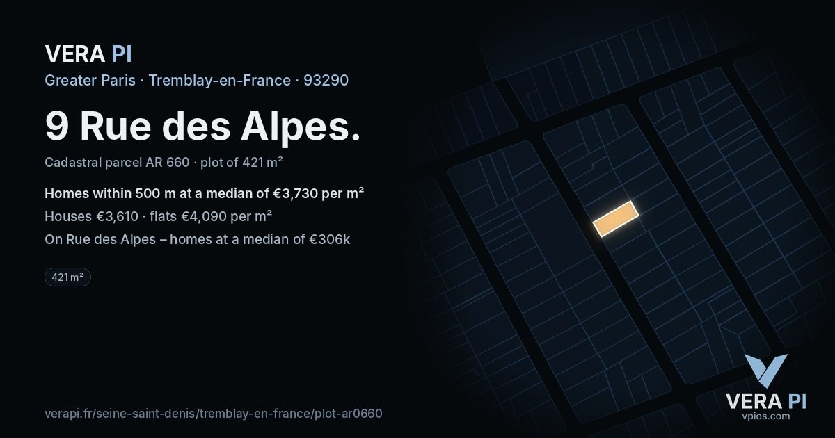 9 Rue des Alpes, Tremblay-en-France at night – the plot lit, the parcels around coloured by the prices near them