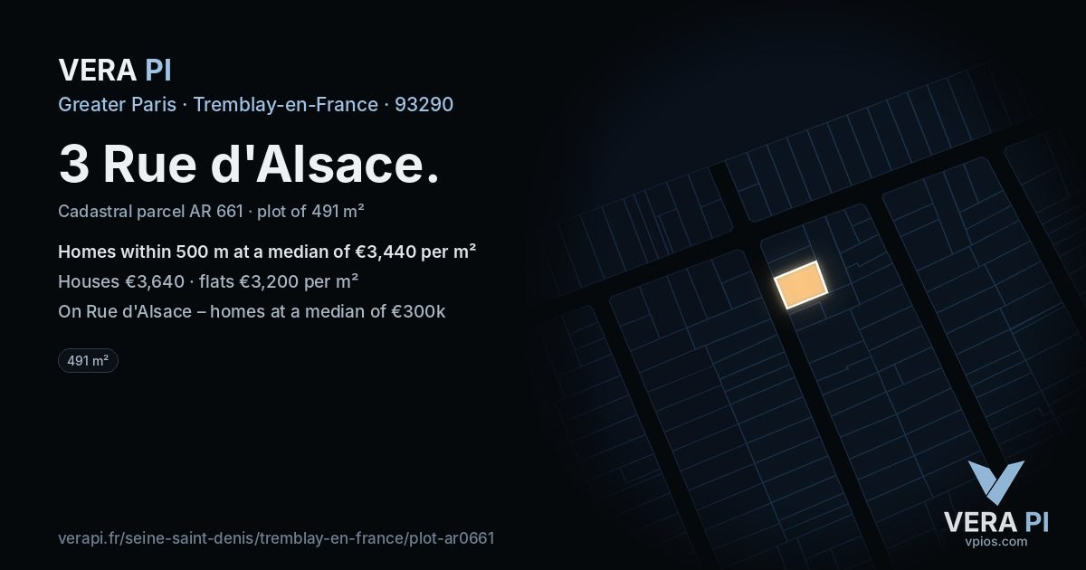 3 Rue d'Alsace, Tremblay-en-France at night – the plot lit, the parcels around coloured by the prices near them