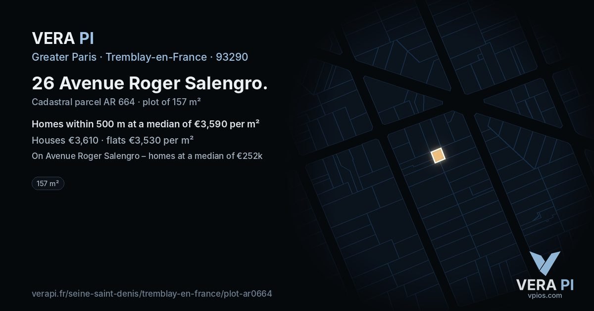 26 Avenue Roger Salengro, Tremblay-en-France at night – the plot lit, the parcels around coloured by the prices near them
