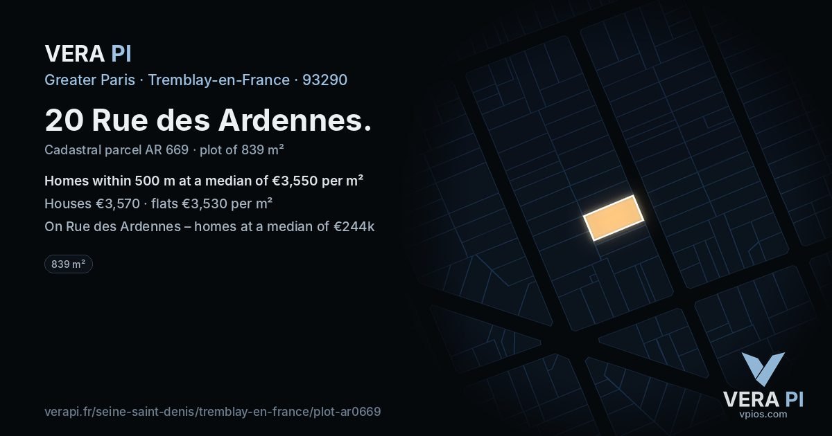 20 Rue des Ardennes, Tremblay-en-France at night – the plot lit, the parcels around coloured by the prices near them
