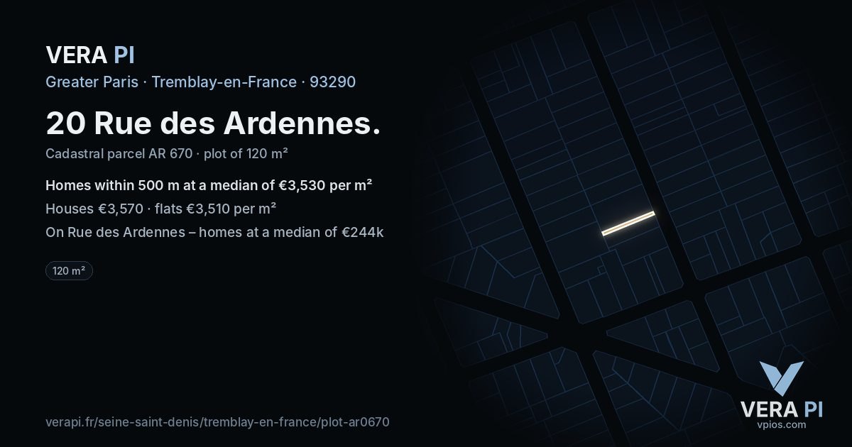 20 Rue des Ardennes, Tremblay-en-France at night – the plot lit, the parcels around coloured by the prices near them
