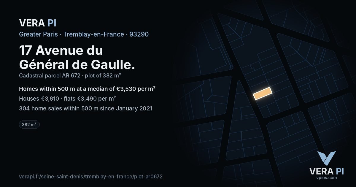17 Avenue du Général de Gaulle, Tremblay-en-France at night – the plot lit, the parcels around coloured by the prices near them