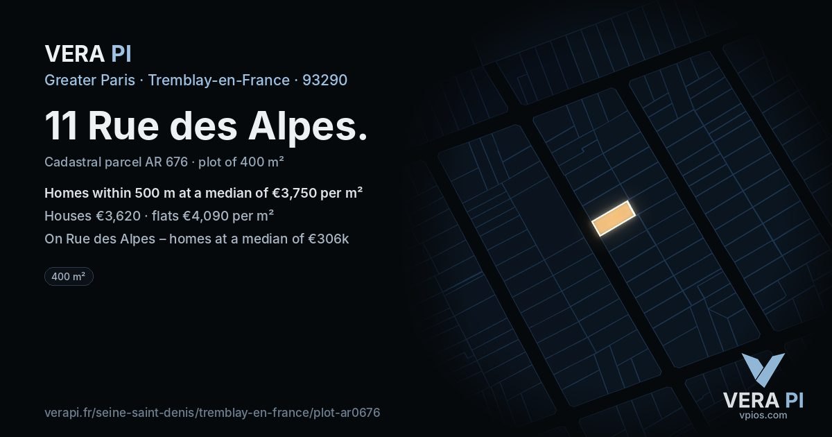 11 Rue des Alpes, Tremblay-en-France at night – the plot lit, the parcels around coloured by the prices near them
