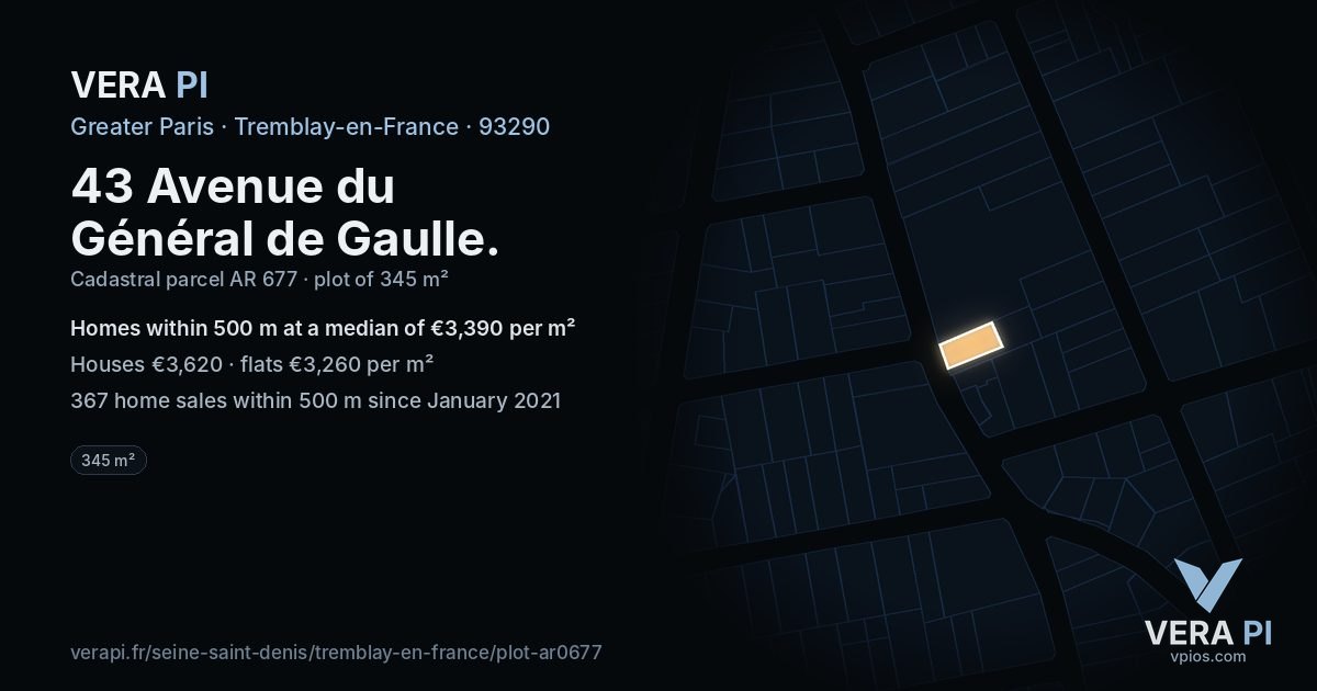 43 Avenue du Général de Gaulle, Tremblay-en-France at night – the plot lit, the parcels around coloured by the prices near them