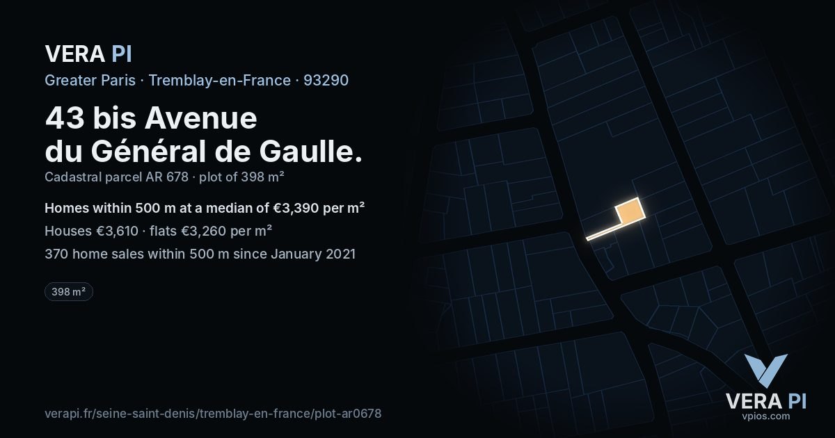 43 bis Avenue du Général de Gaulle, Tremblay-en-France at night – the plot lit, the parcels around coloured by the prices near them