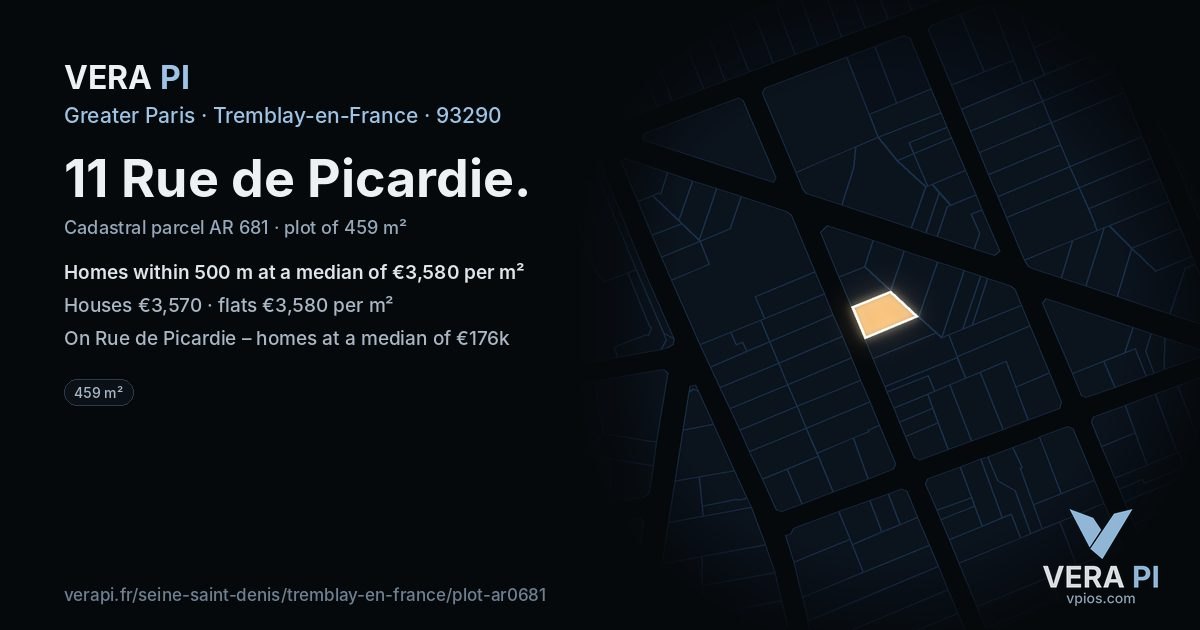 11 Rue de Picardie, Tremblay-en-France at night – the plot lit, the parcels around coloured by the prices near them