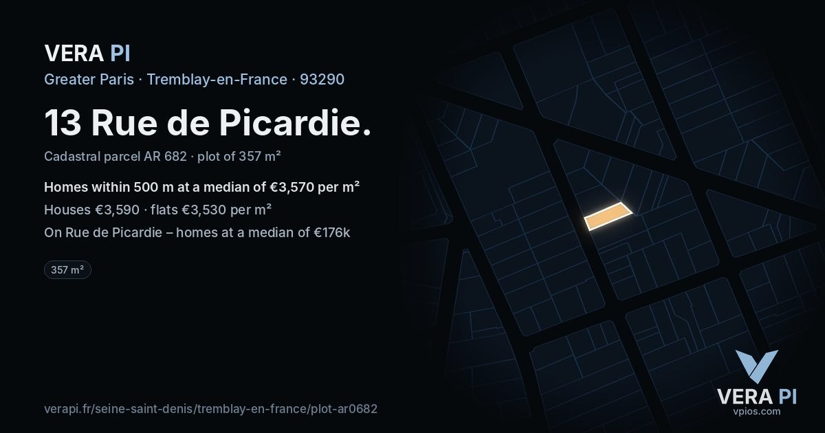 13 Rue de Picardie, Tremblay-en-France at night – the plot lit, the parcels around coloured by the prices near them