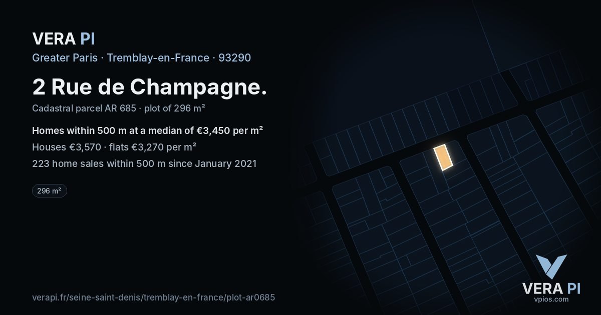 2 Rue de Champagne, Tremblay-en-France at night – the plot lit, the parcels around coloured by the prices near them