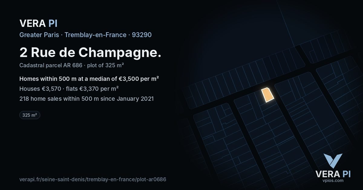 2 Rue de Champagne, Tremblay-en-France at night – the plot lit, the parcels around coloured by the prices near them