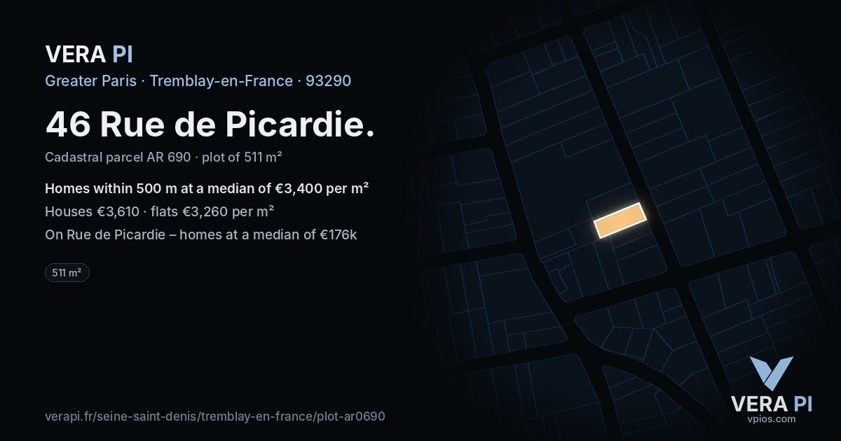 46 Rue de Picardie, Tremblay-en-France at night – the plot lit, the parcels around coloured by the prices near them