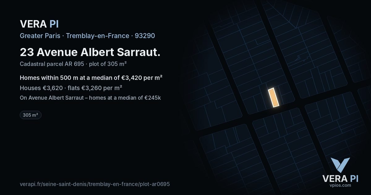 23 Avenue Albert Sarraut, Tremblay-en-France at night – the plot lit, the parcels around coloured by the prices near them