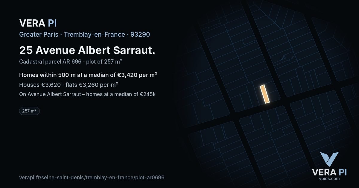 25 Avenue Albert Sarraut, Tremblay-en-France at night – the plot lit, the parcels around coloured by the prices near them