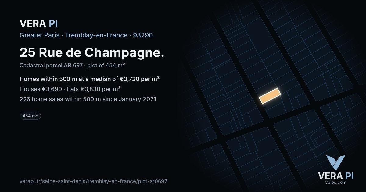 25 Rue de Champagne, Tremblay-en-France at night – the plot lit, the parcels around coloured by the prices near them