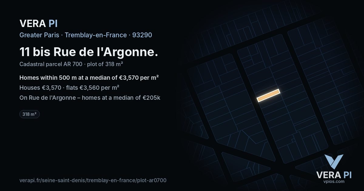 11 bis Rue de l'Argonne, Tremblay-en-France at night – the plot lit, the parcels around coloured by the prices near them