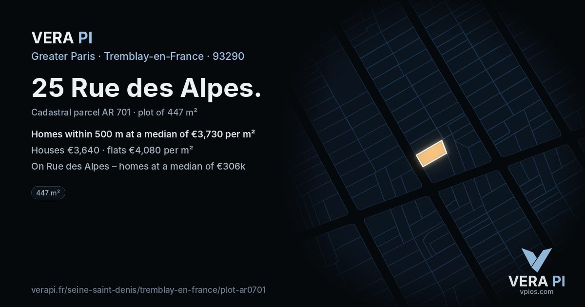 25 Rue des Alpes, Tremblay-en-France at night – the plot lit, the parcels around coloured by the prices near them