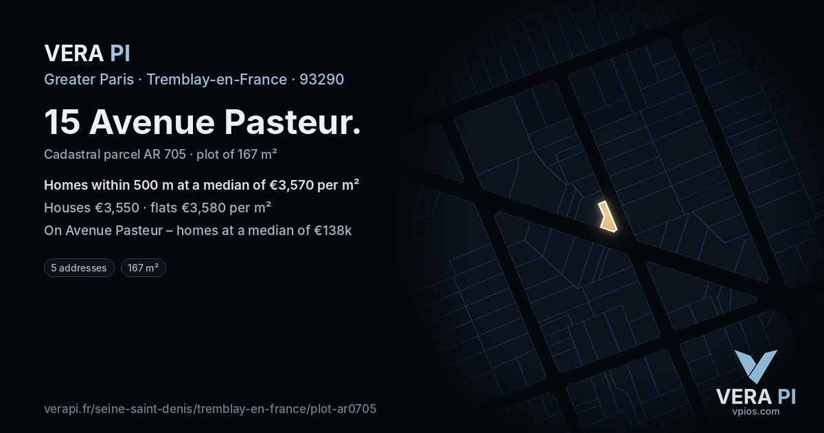 15 Avenue Pasteur, Tremblay-en-France at night – the plot lit, the parcels around coloured by the prices near them