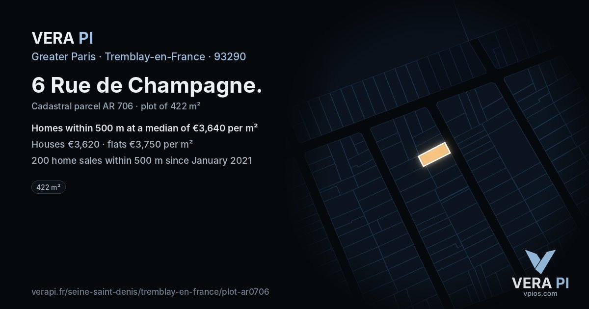 6 Rue de Champagne, Tremblay-en-France at night – the plot lit, the parcels around coloured by the prices near them