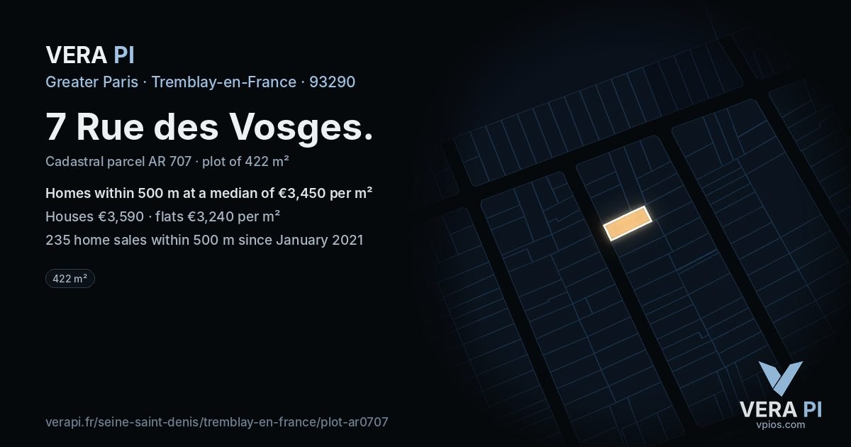 7 Rue des Vosges, Tremblay-en-France at night – the plot lit, the parcels around coloured by the prices near them