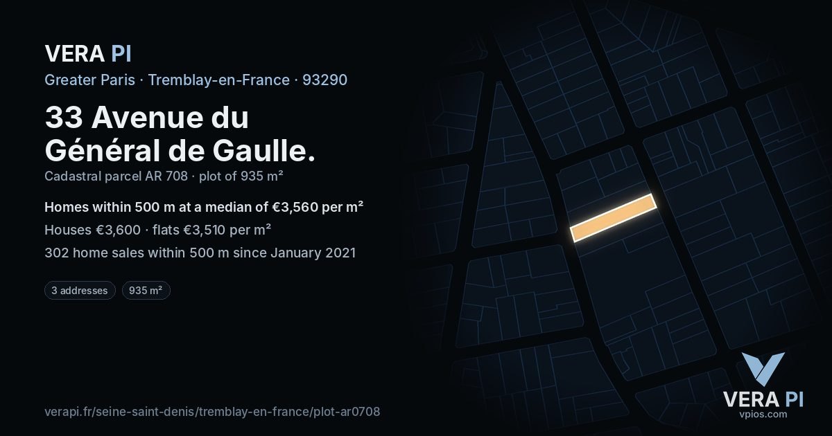 33 Avenue du Général de Gaulle, Tremblay-en-France at night – the plot lit, the parcels around coloured by the prices near them