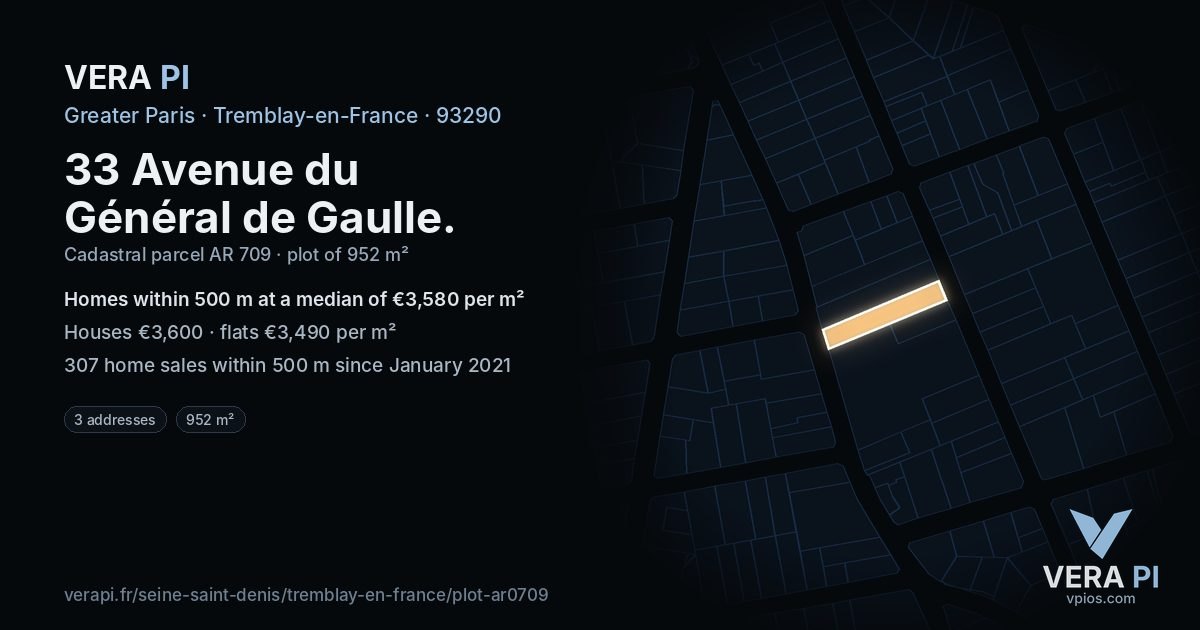 33 Avenue du Général de Gaulle, Tremblay-en-France at night – the plot lit, the parcels around coloured by the prices near them