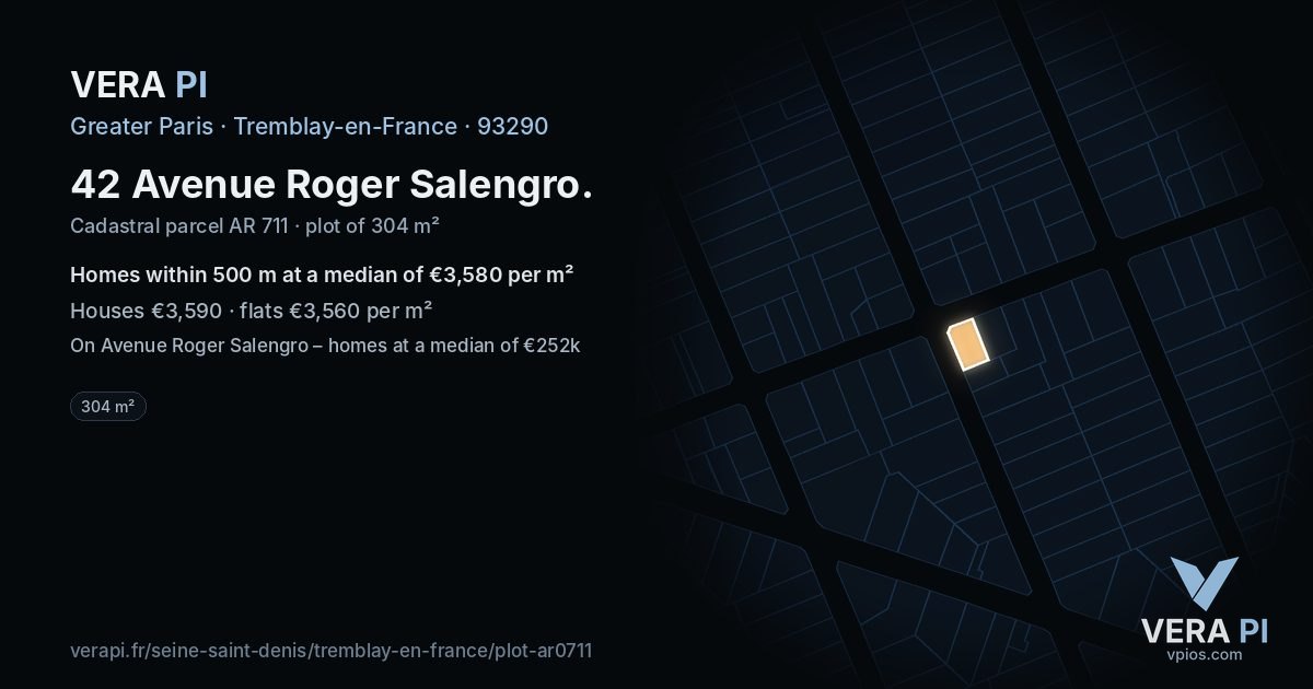 42 Avenue Roger Salengro, Tremblay-en-France at night – the plot lit, the parcels around coloured by the prices near them