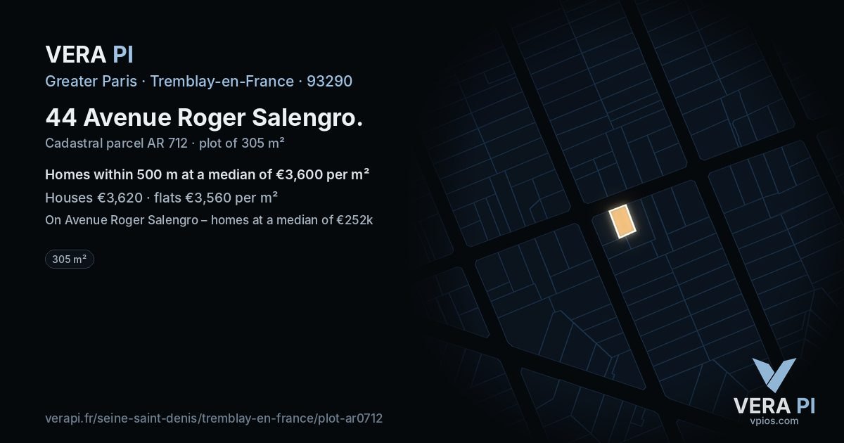 44 Avenue Roger Salengro, Tremblay-en-France at night – the plot lit, the parcels around coloured by the prices near them