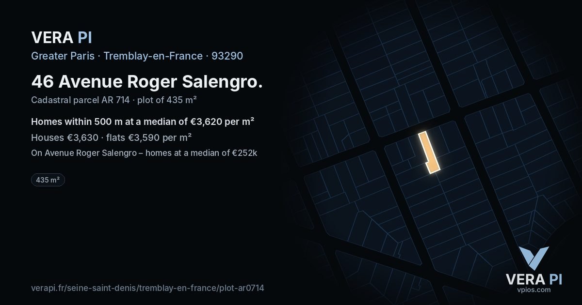 46 Avenue Roger Salengro, Tremblay-en-France at night – the plot lit, the parcels around coloured by the prices near them