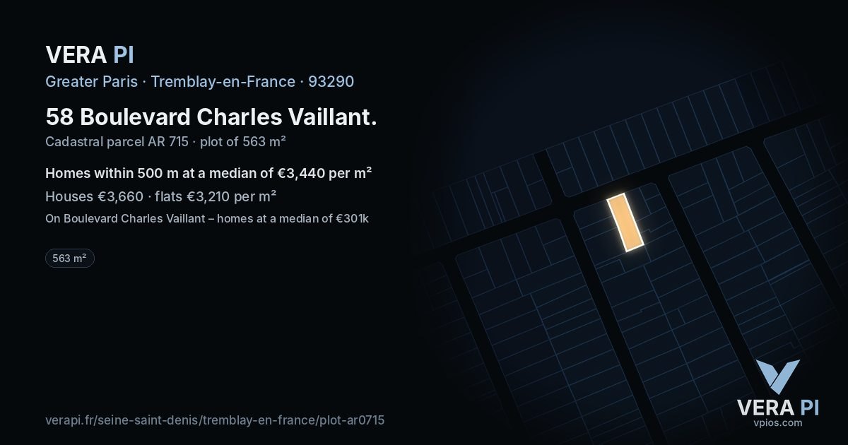 58 Boulevard Charles Vaillant, Tremblay-en-France at night – the plot lit, the parcels around coloured by the prices near them