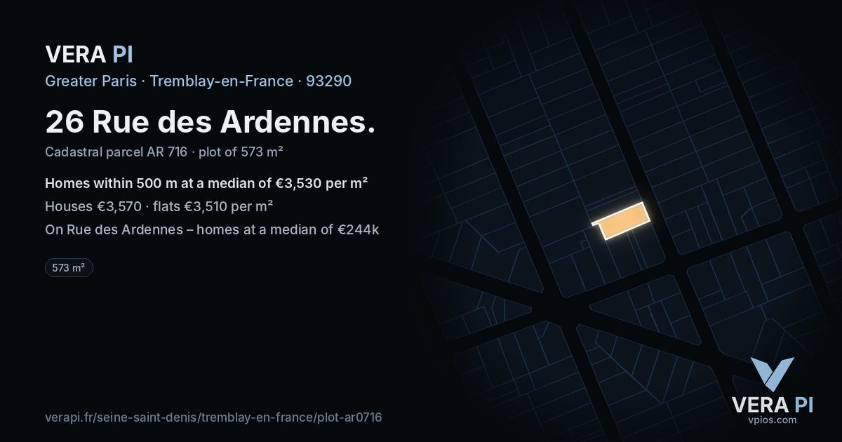 26 Rue des Ardennes, Tremblay-en-France at night – the plot lit, the parcels around coloured by the prices near them