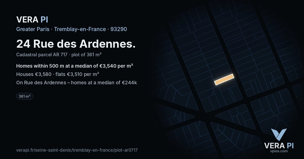 24 Rue des Ardennes, Tremblay-en-France at night – the plot lit, the parcels around coloured by the prices near them