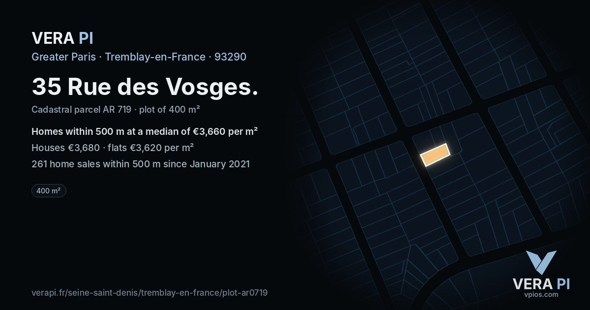 35 Rue des Vosges, Tremblay-en-France at night – the plot lit, the parcels around coloured by the prices near them