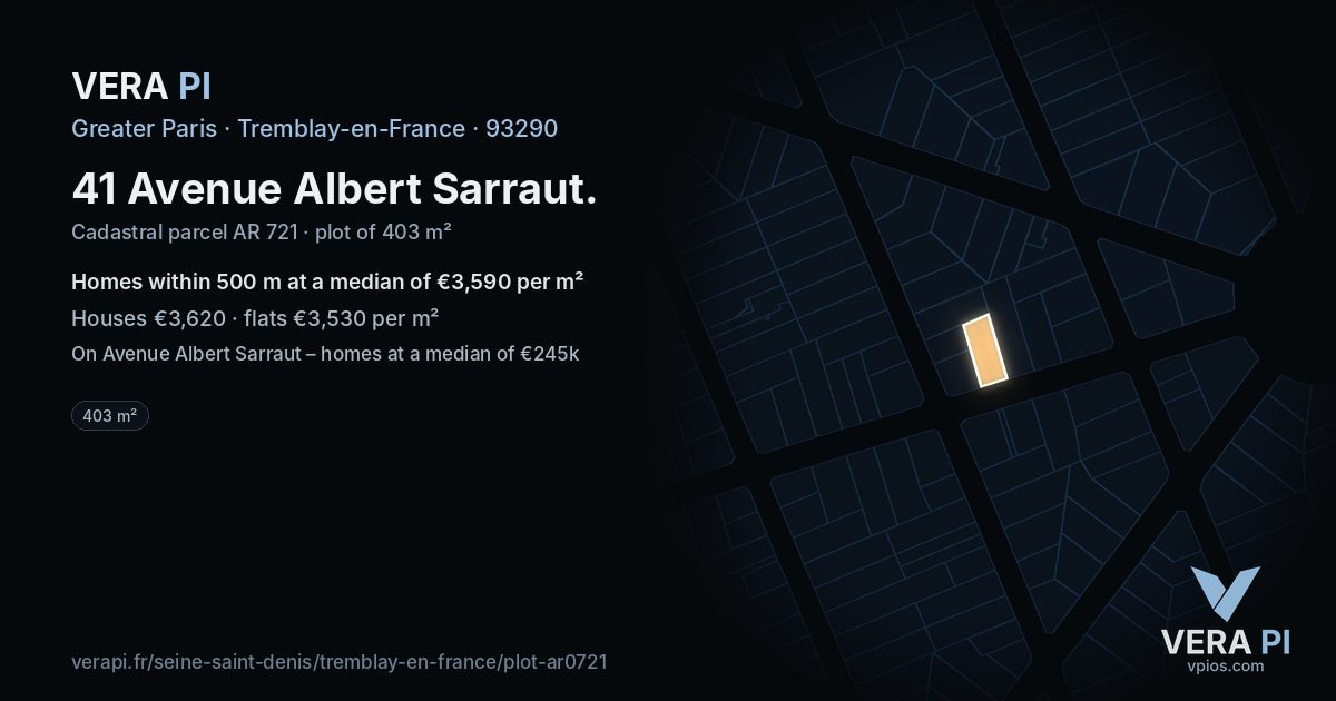 41 Avenue Albert Sarraut, Tremblay-en-France at night – the plot lit, the parcels around coloured by the prices near them