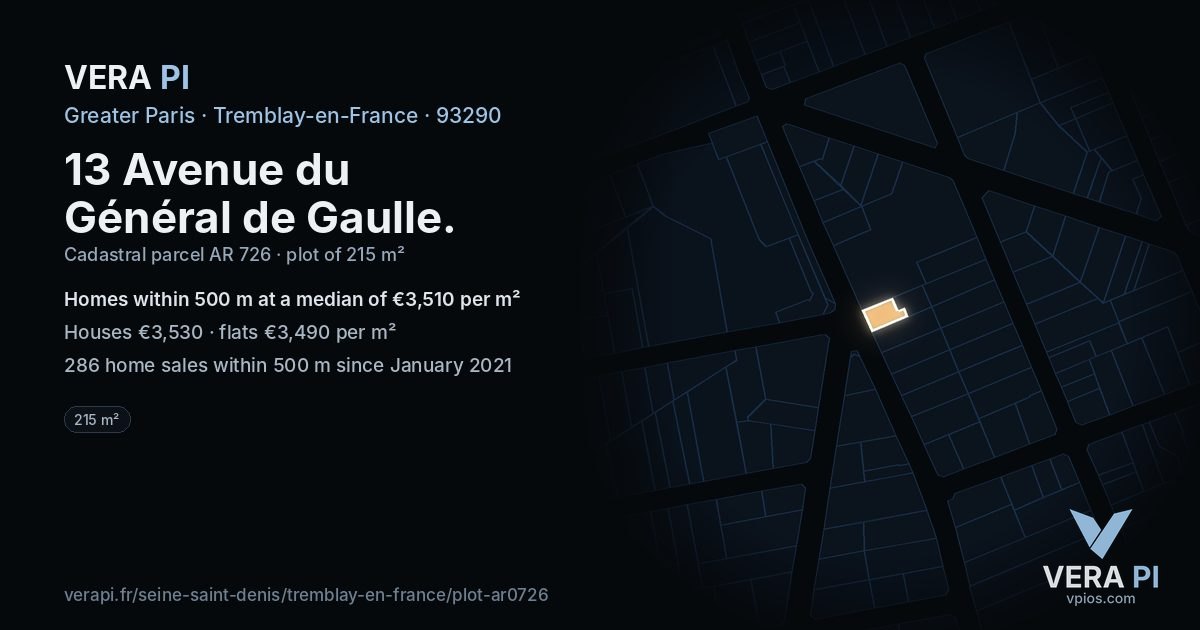 13 Avenue du Général de Gaulle, Tremblay-en-France at night – the plot lit, the parcels around coloured by the prices near them