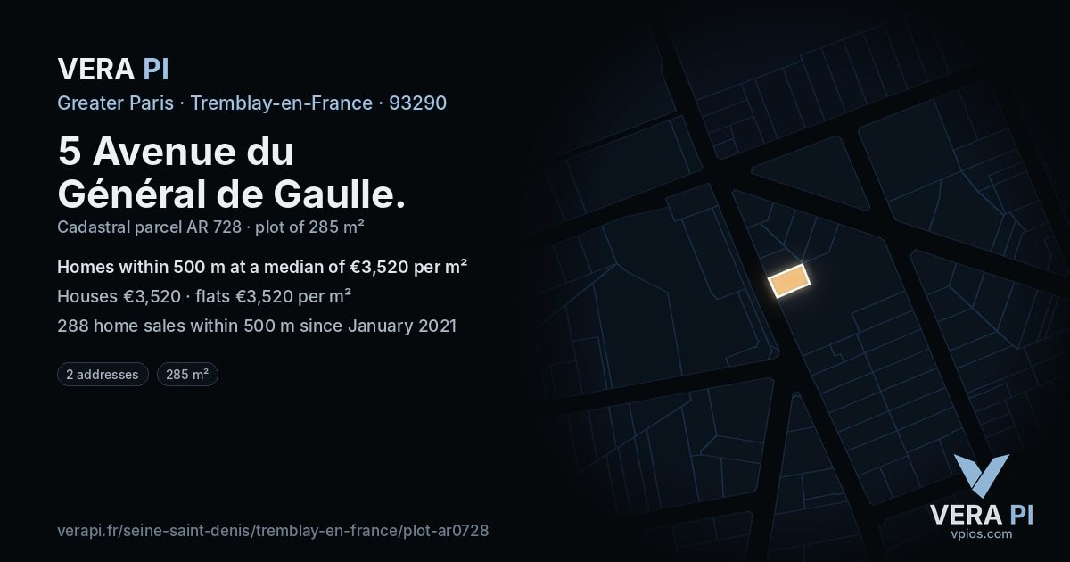 5 Avenue du Général de Gaulle, Tremblay-en-France at night – the plot lit, the parcels around coloured by the prices near them