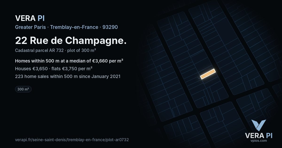 22 Rue de Champagne, Tremblay-en-France at night – the plot lit, the parcels around coloured by the prices near them