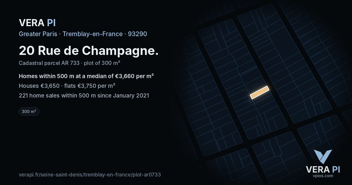 20 Rue de Champagne, Tremblay-en-France at night – the plot lit, the parcels around coloured by the prices near them