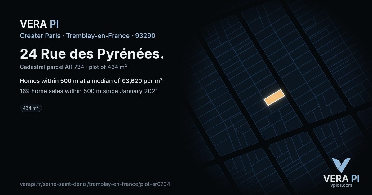 24 Rue des Pyrénées, Tremblay-en-France at night – the plot lit, the parcels around coloured by the prices near them