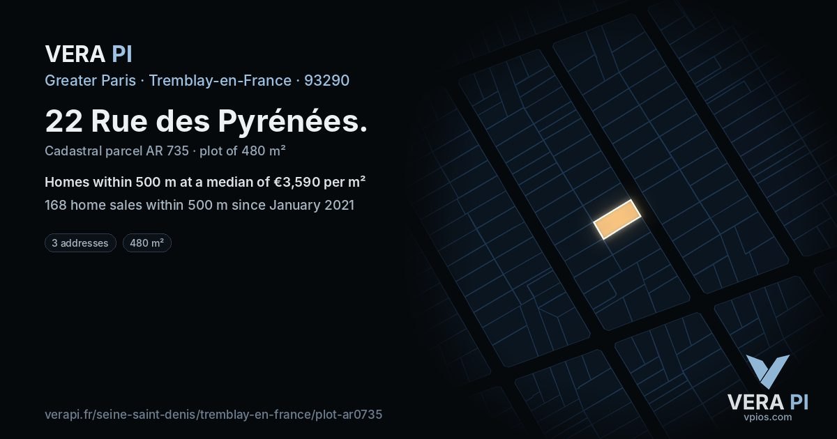 22 Rue des Pyrénées, Tremblay-en-France at night – the plot lit, the parcels around coloured by the prices near them