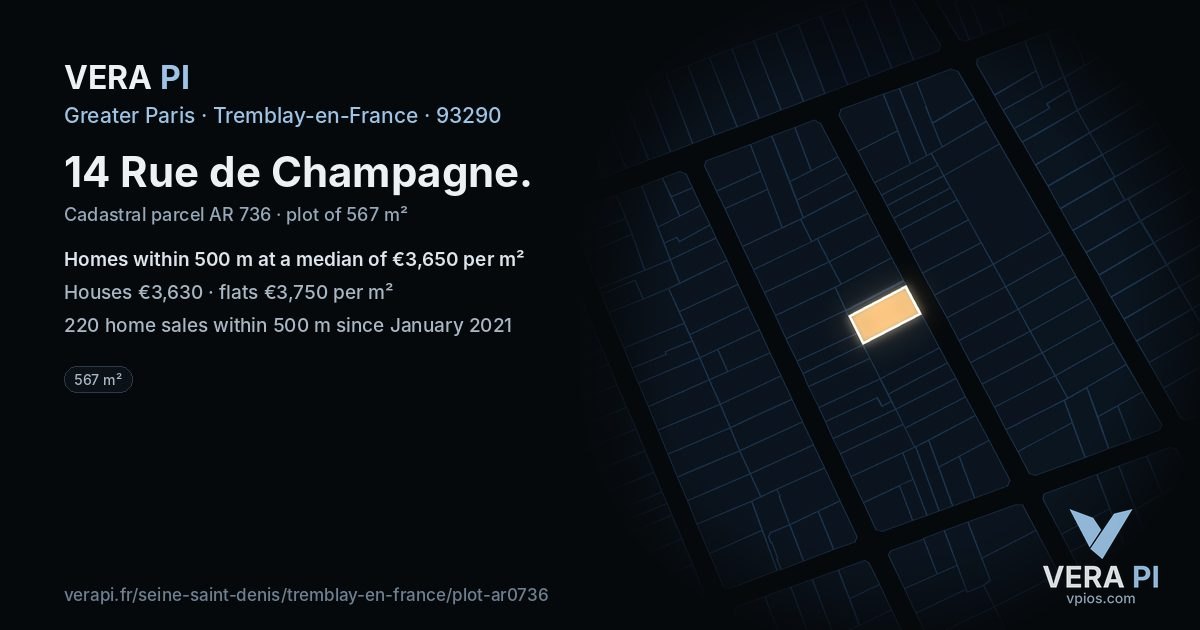 14 Rue de Champagne, Tremblay-en-France at night – the plot lit, the parcels around coloured by the prices near them