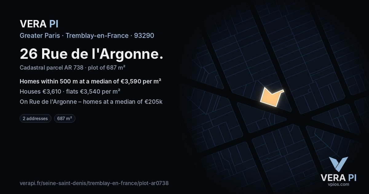 26 Rue de l'Argonne, Tremblay-en-France at night – the plot lit, the parcels around coloured by the prices near them